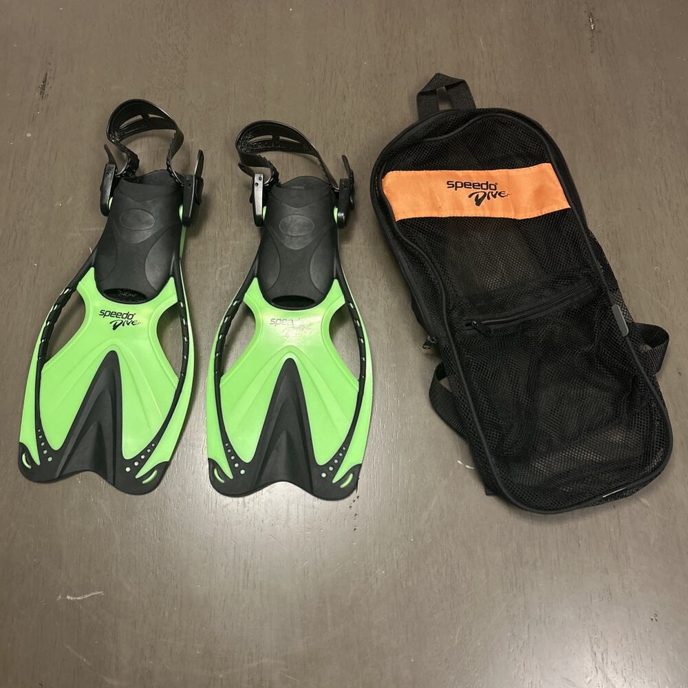 Speedo Dive Diving Flippers Youth Jr Size S/M 9-13 Mesh Bag Green/Black